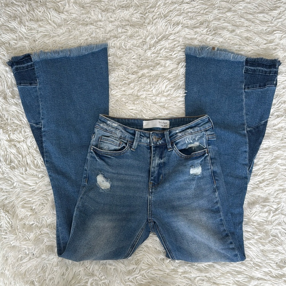 Buckle Bridge Gly Elliott High Rise Pieced Flare Fringe Frayed Jeans Size 24